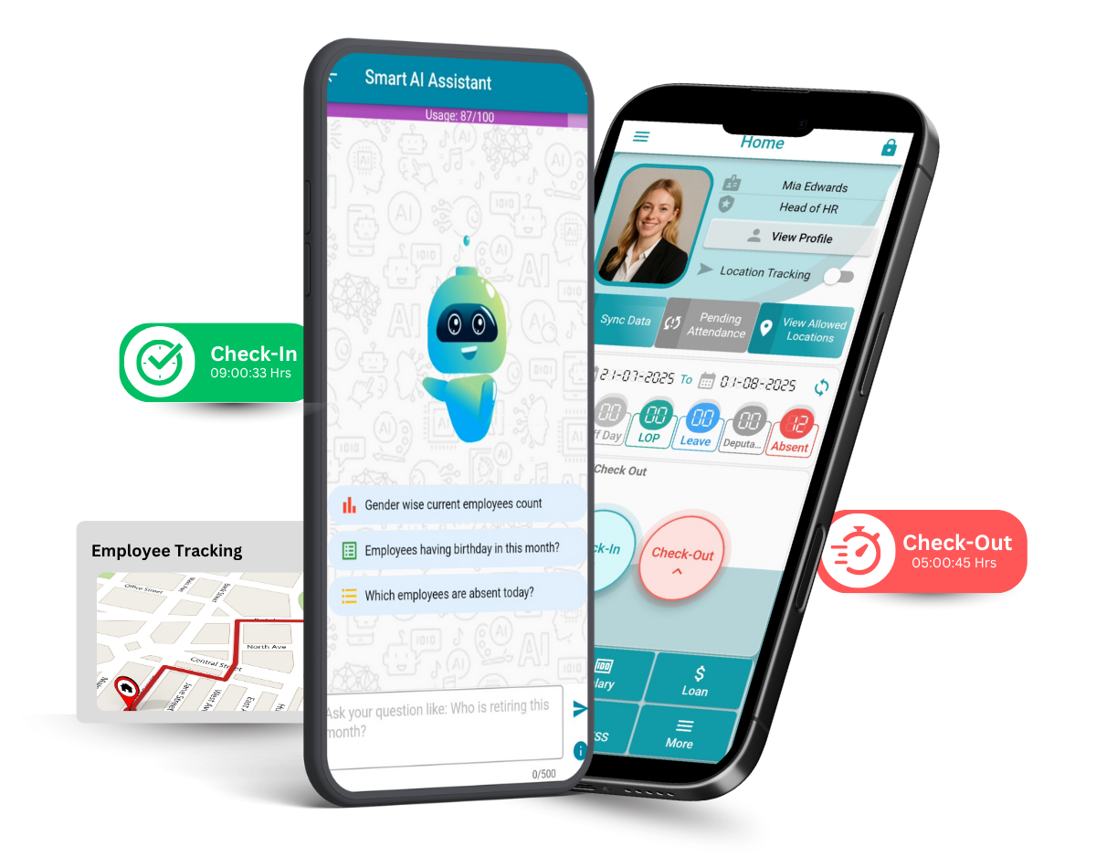 SmartHCM's AI powered mobile application supported by AI Assistant for your ease and efficiency. Voice commands enabled for faster task completion, attendance managment