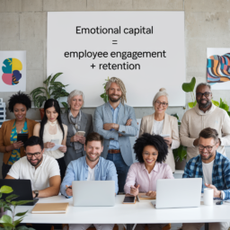 Group of diverse employees smiling and working together in an office environment, highlighting teamwork and collaboration. The whiteboard behind them displays the text 'Emotional capital = employee engagement + retention,' emphasizing the role of Emotional Capital in Employee Engagement and Retention.