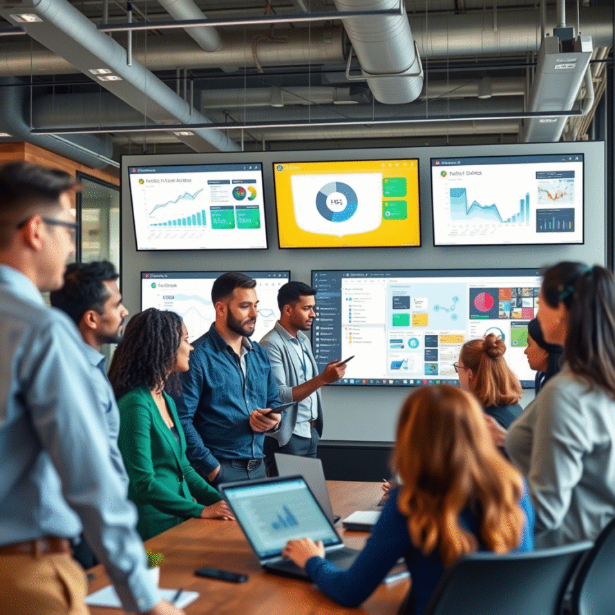 A group of professionals is gathered in a modern office setting for a collaborative meeting. They are seated around a wooden table, with some standing and pointing at a large digital display screen mounted on the wall. The screen shows various data visualizations, including graphs, charts, and dashboards, indicating an analysis or presentation of business metrics or performance data. The participants appear engaged, with one person actively gesturing towards the screen while others observe attentively. The room has an industrial design aesthetic, featuring exposed pipes and ductwork on the ceiling. A laptop is open on the table, suggesting that the meeting involves detailed data review and discussion. The overall atmosphere conveys a professional and data-driven work environment.