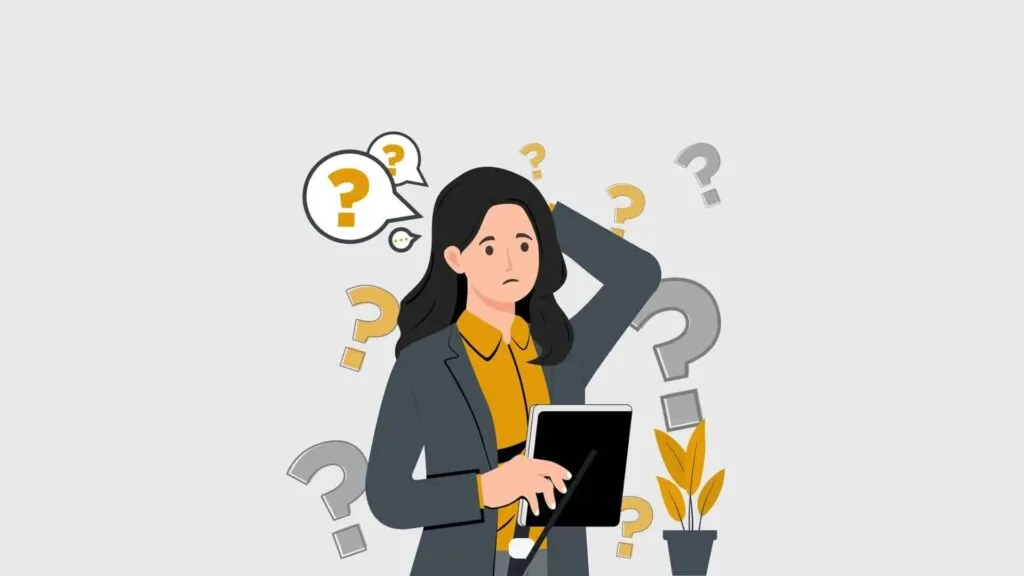 An illustration of a confused woman holding a tablet surrounded by question marks, symbolizing uncertainty and challenges, relevant to HR challenges faced by businesses in Saudi Arabia. HR Challenges for Saudi Businesses
