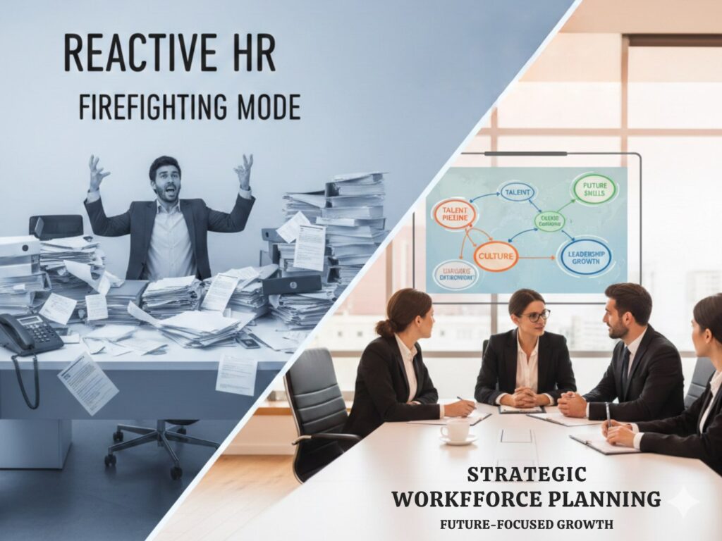 Reactive HR in firefighting mode contrasted with strategic workforce planning focused on hiring, culture, leadership, and future growth.